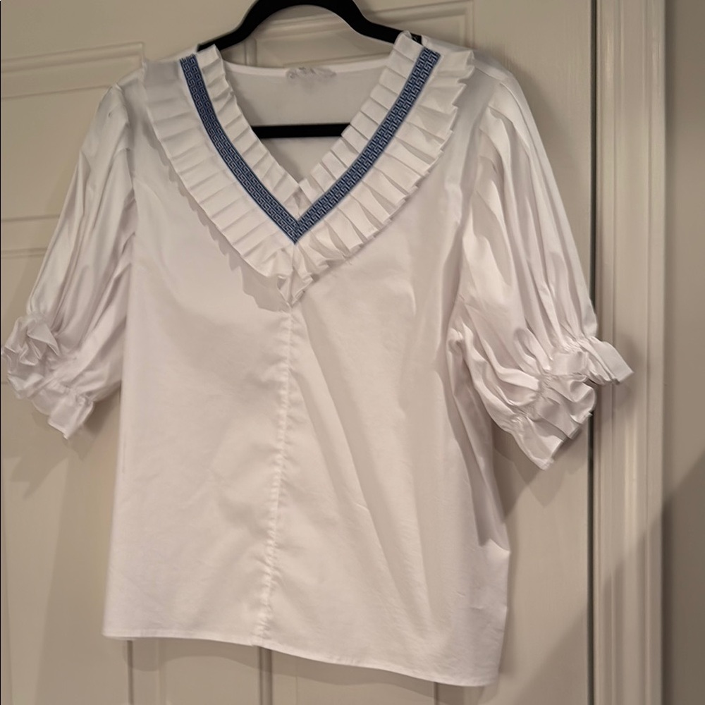 THML White and Blue Puff Sleeve Blouse Large